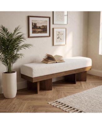 55" Entryway Bench with Faux Lamb Wool, Upholstered Bench with X-Legs