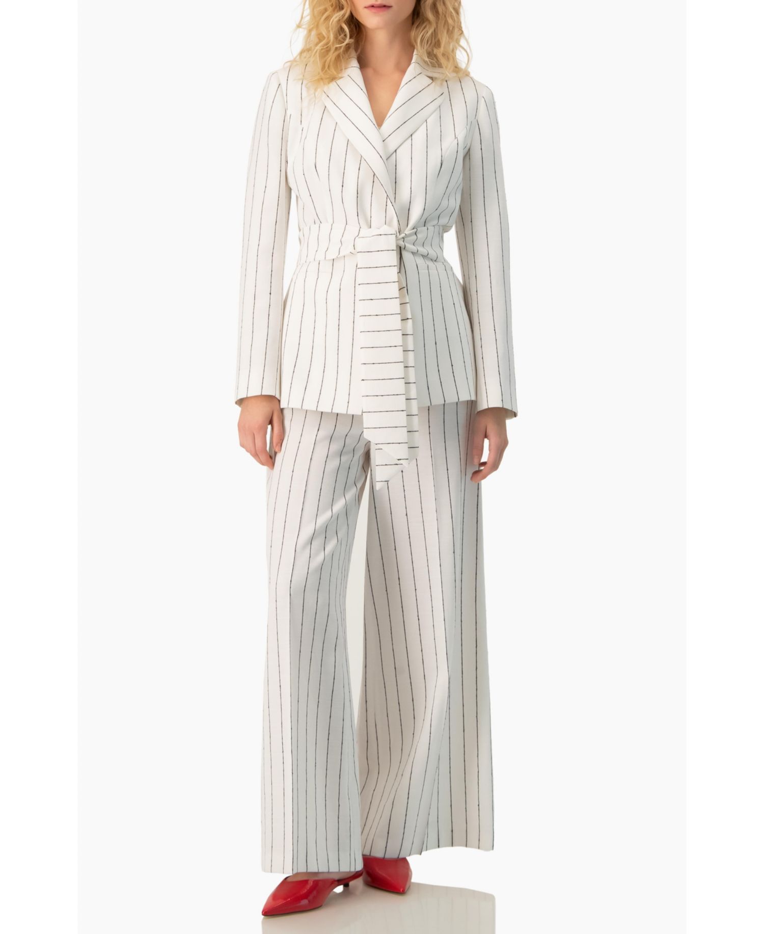 Women's Pinstripe Self-Tie Belted Wrap Tailored Blazer