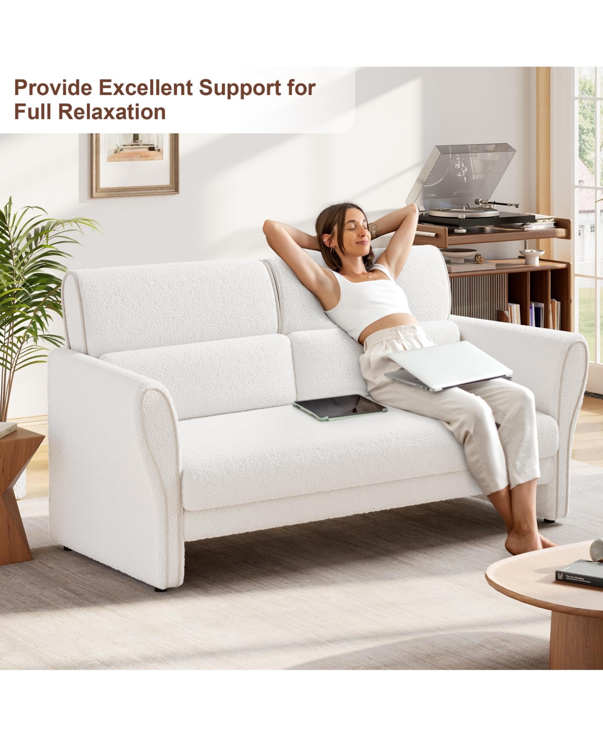 homfan 57" Boucle Loveseat Sofa, Small 2-Seater Couch with High Backrest, Removable Lumbar Pillows, Easy Assembly