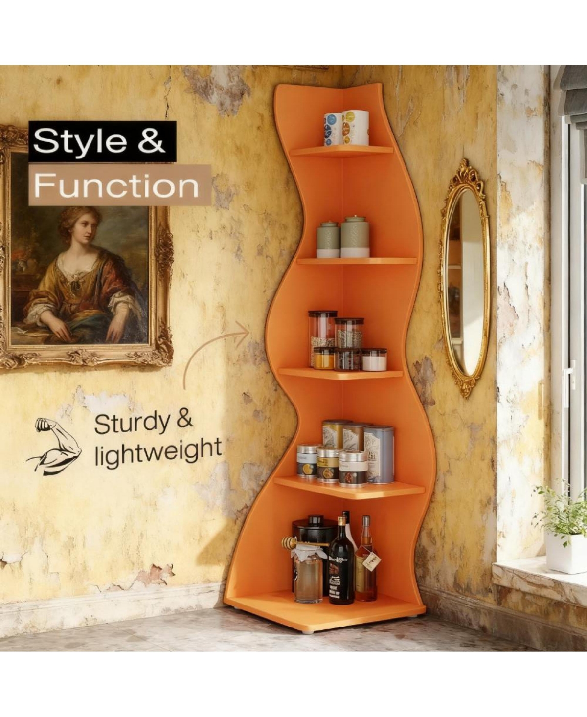 Rainsken 5-Tier Wall Corner Bookshelf, Modern Bookcase Storage Rack with Adjustable Shelves, Unique Shape for Living Room