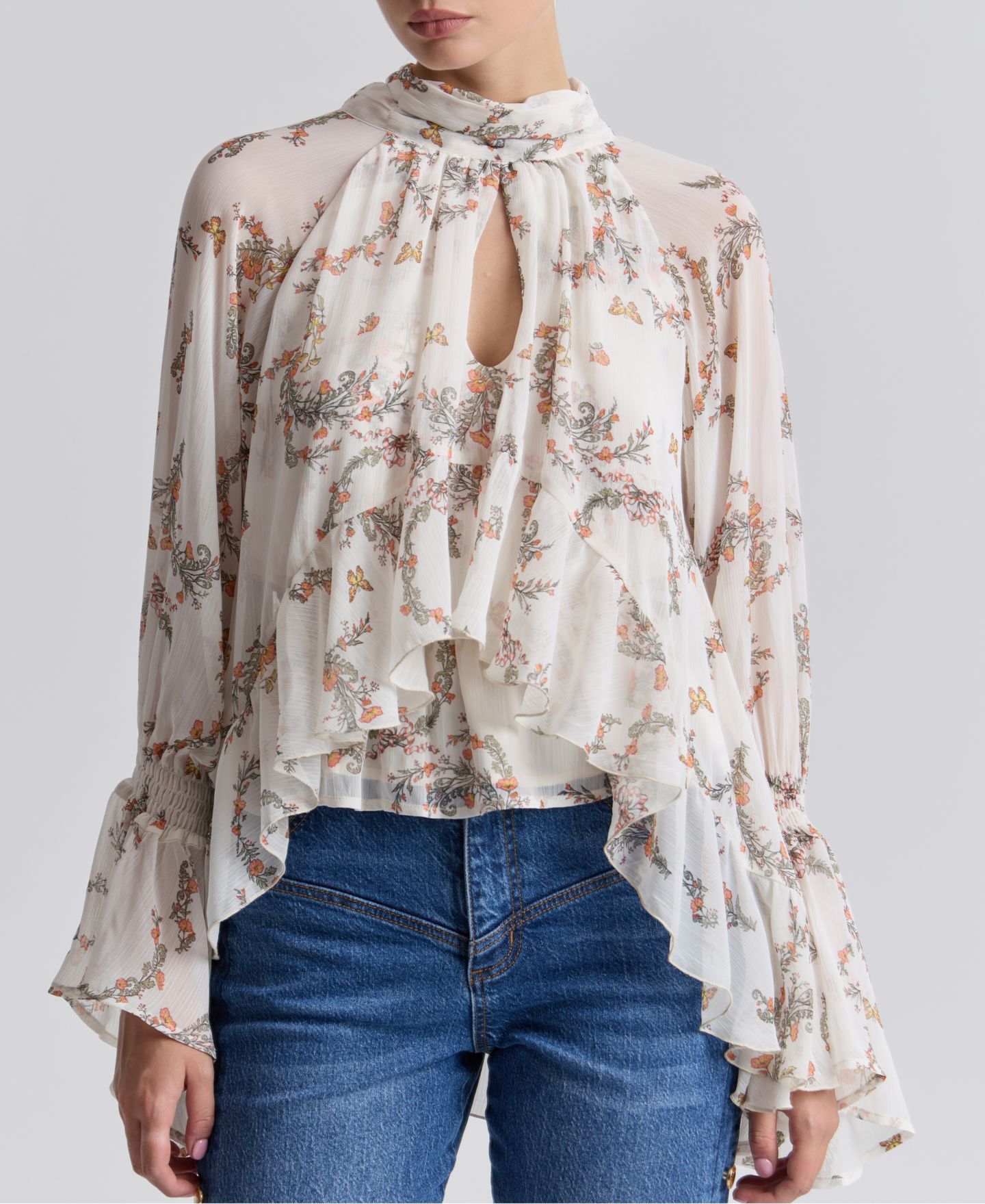 Женский топ Avec Les Filles Floral High-Neck Puff-Sleeve Top, цвет: Кремовый — фото 4