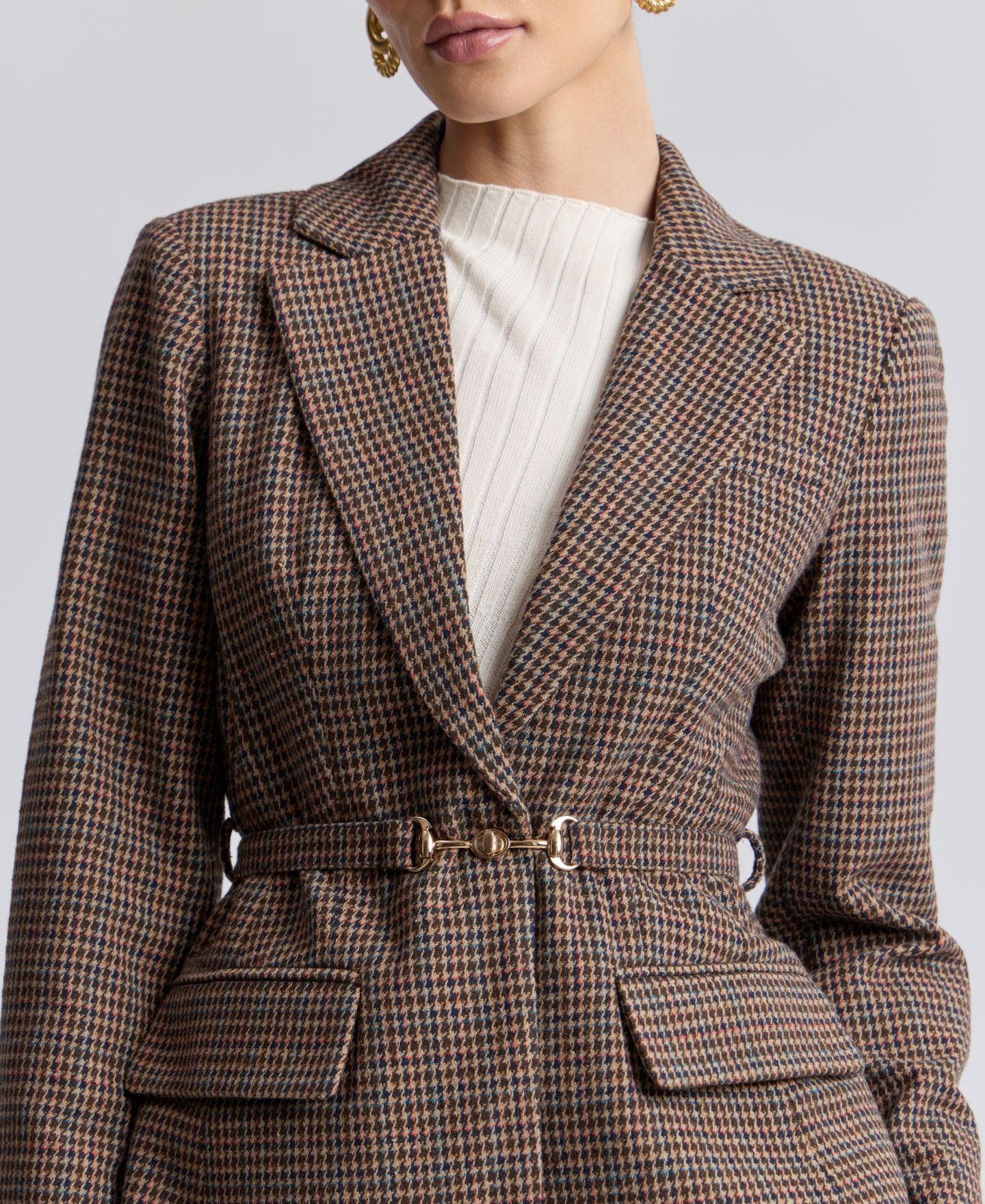 Женский пиджак Avec Les Filles Notch Lapel Collar Belted Blazer, цвет: Коричневый разноцветный — фото 4