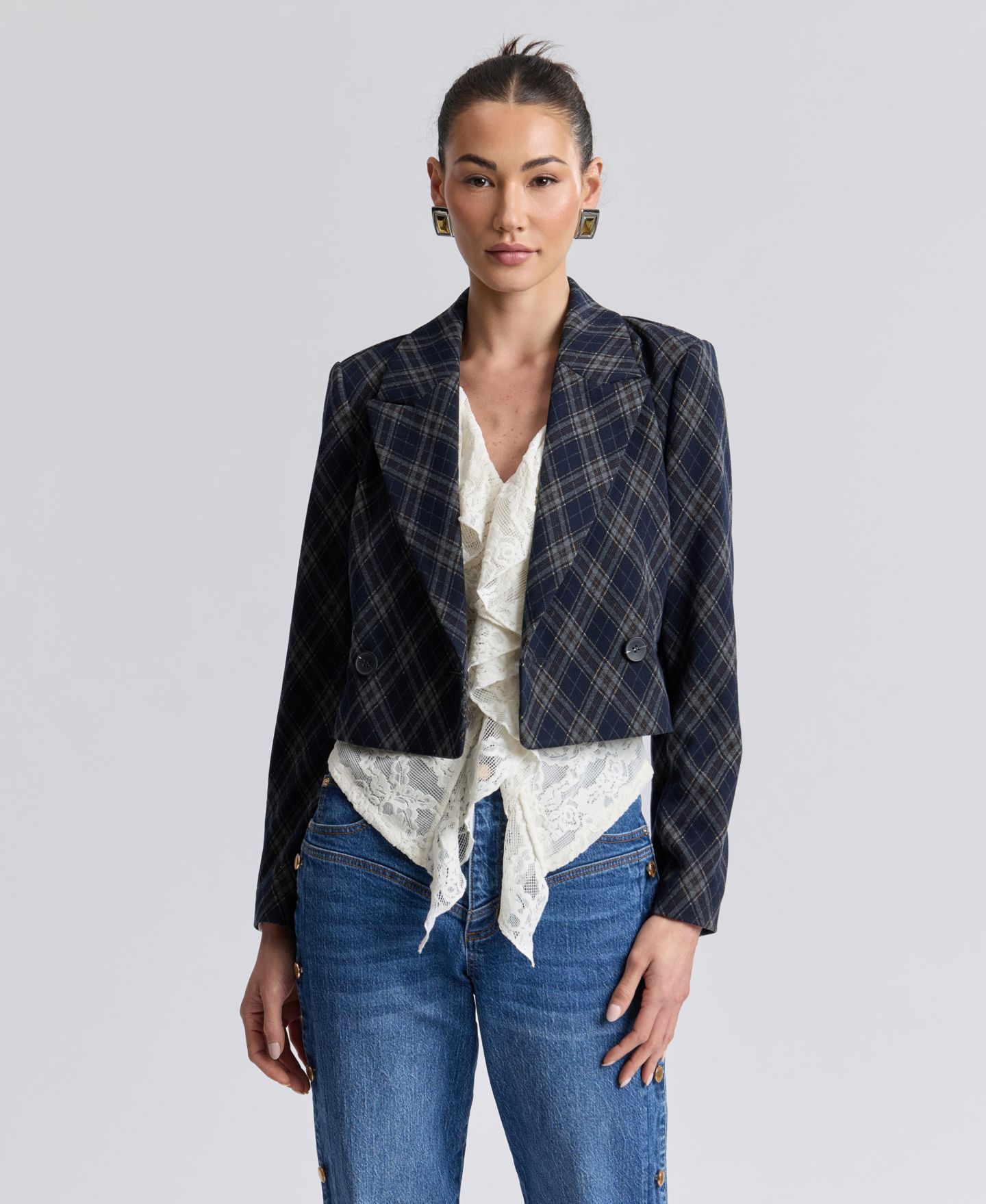 Женский пиджак Avec Les Filles Cropped Double-Breasted Blazer, цвет: Тёмно-синий клетчатый с ромбами — фото 8