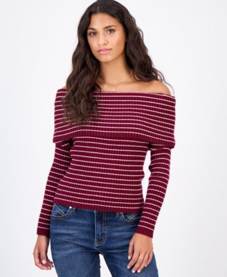 Juniors' Marilyn Off-the-Shoulder Ribbed Long-Sleeve Sweater