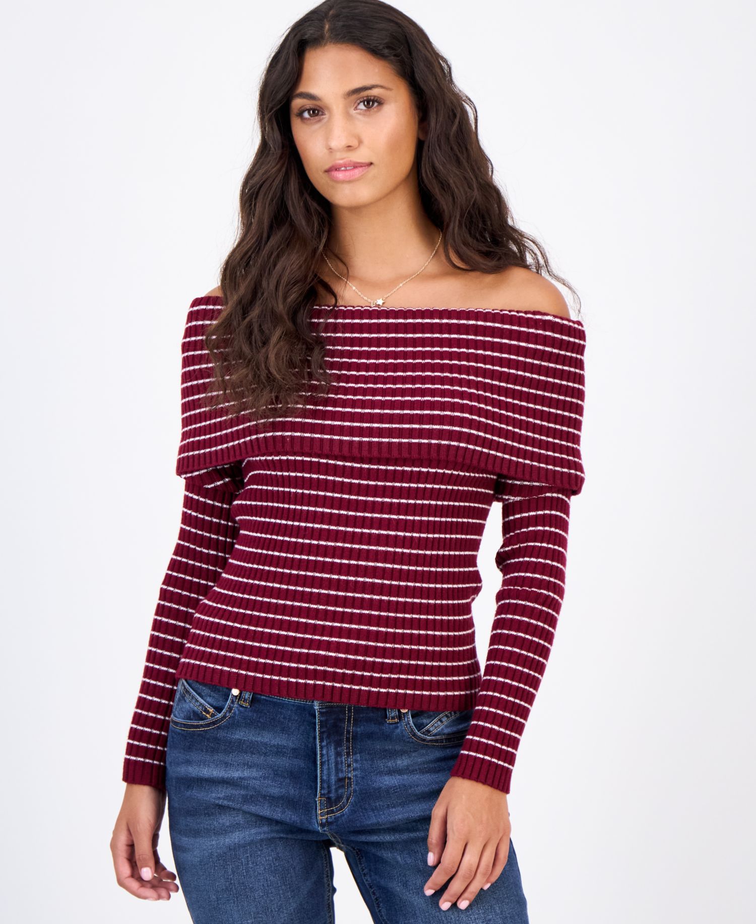 Juniors' Marilyn Off-the-Shoulder Ribbed Long-Sleeve Sweater