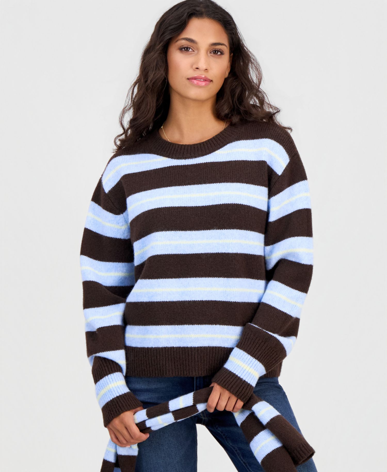 Juniors' Oversized Stripe Long-Sleeve Crewneck Pullover with Matching Scarf