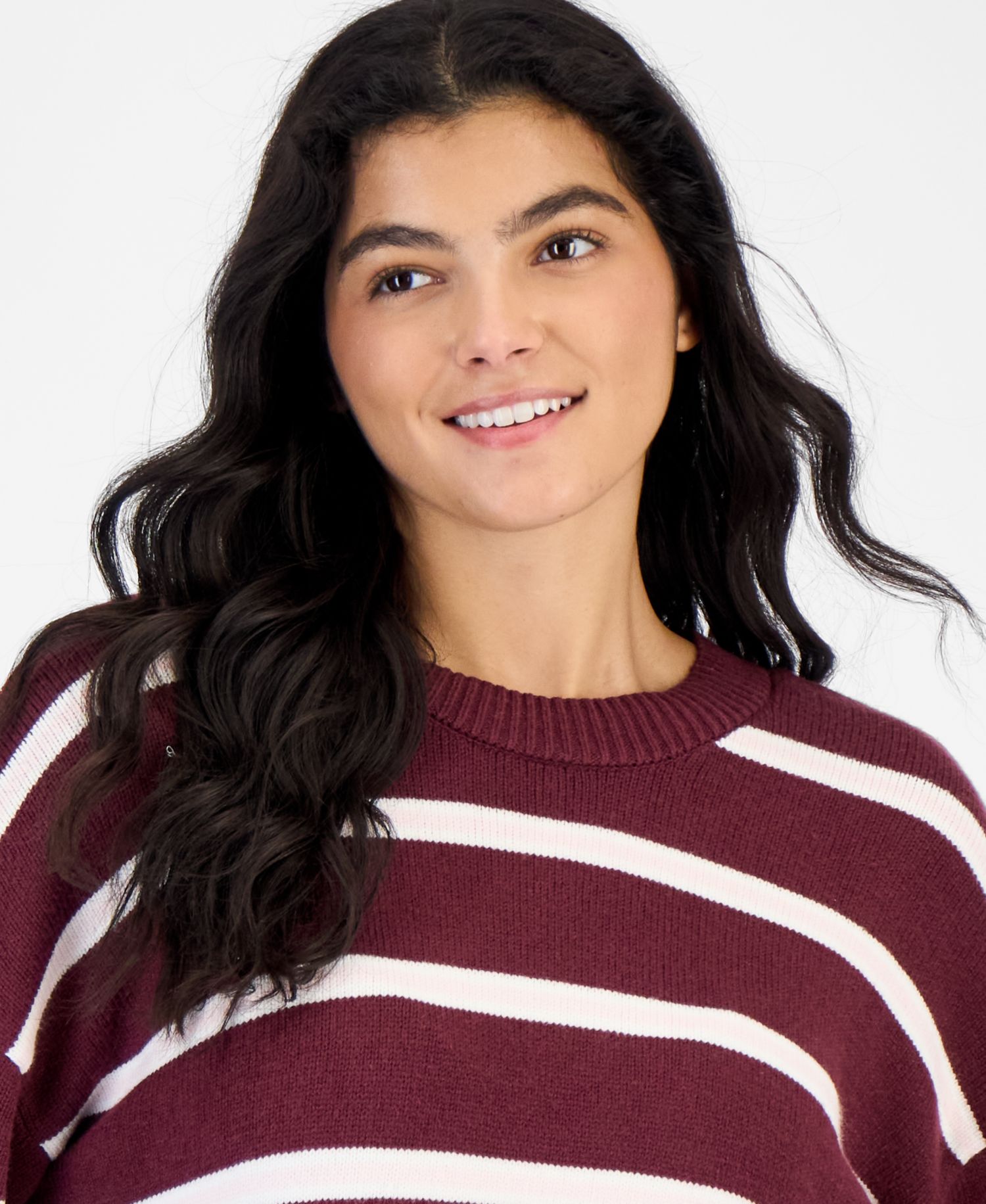 Juniors' Striped Drop-Shoulder Crewneck Pullover Sweater