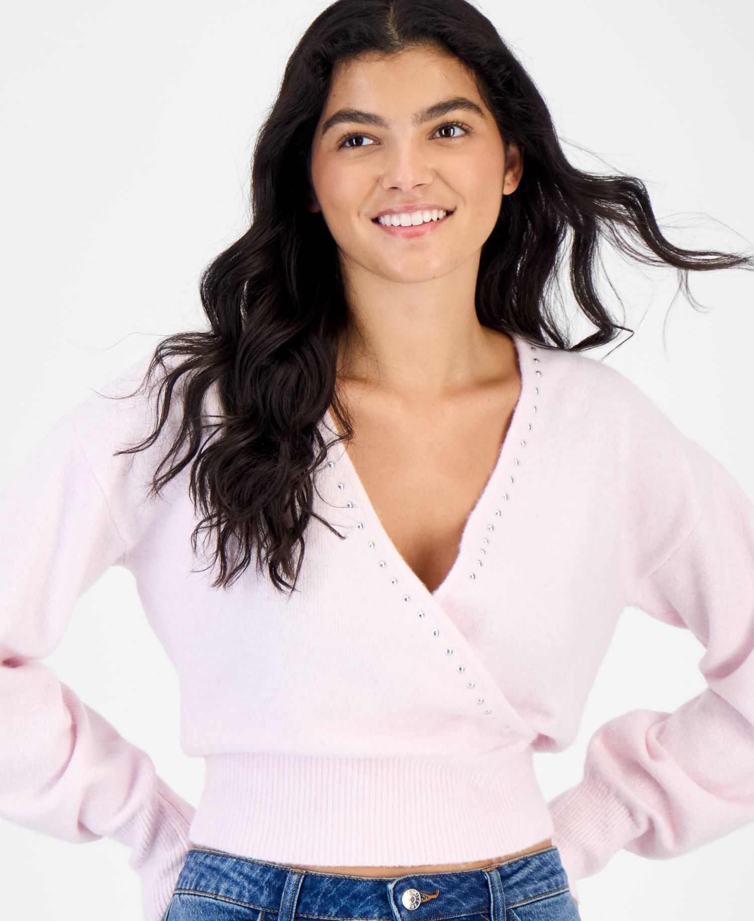 Juniors' Surplice Studded Pullover Sweater