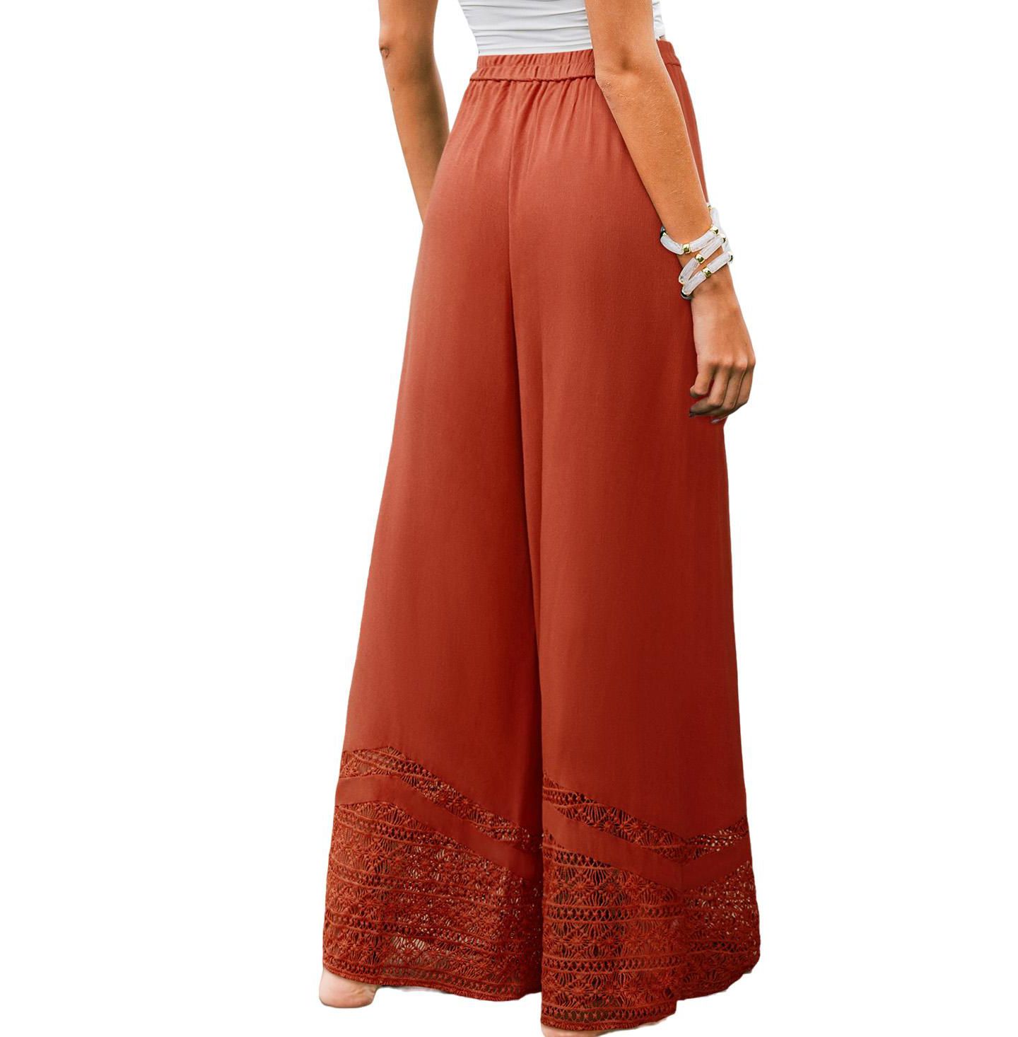 Женские брюки Cupshe Rust Elastic Waist Lace Trim Wide Leg, цвет: Коричневый — фото 3
