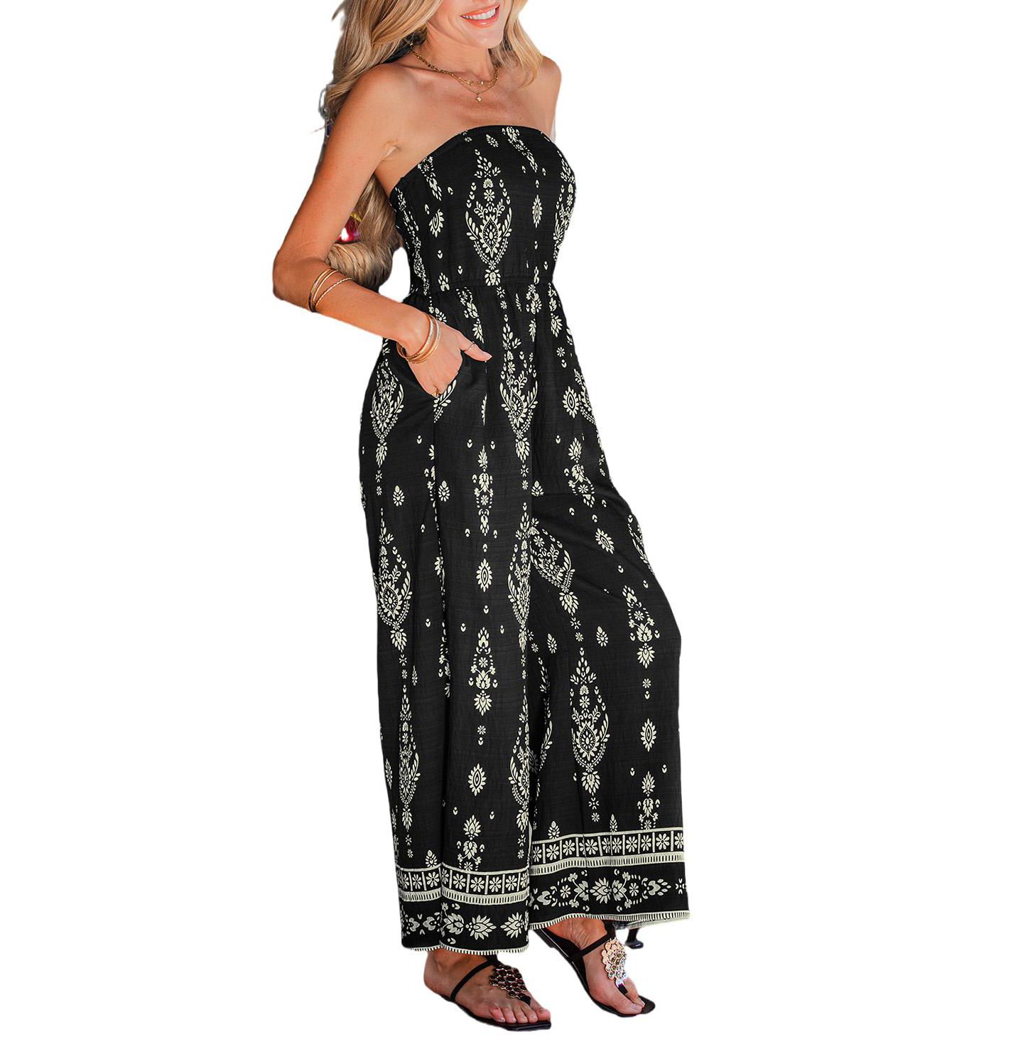 Женский комбинезон Cupshe Bohemian Floral Strapless Wide Leg Jumpsuit, цвет: Чёрный — фото 2