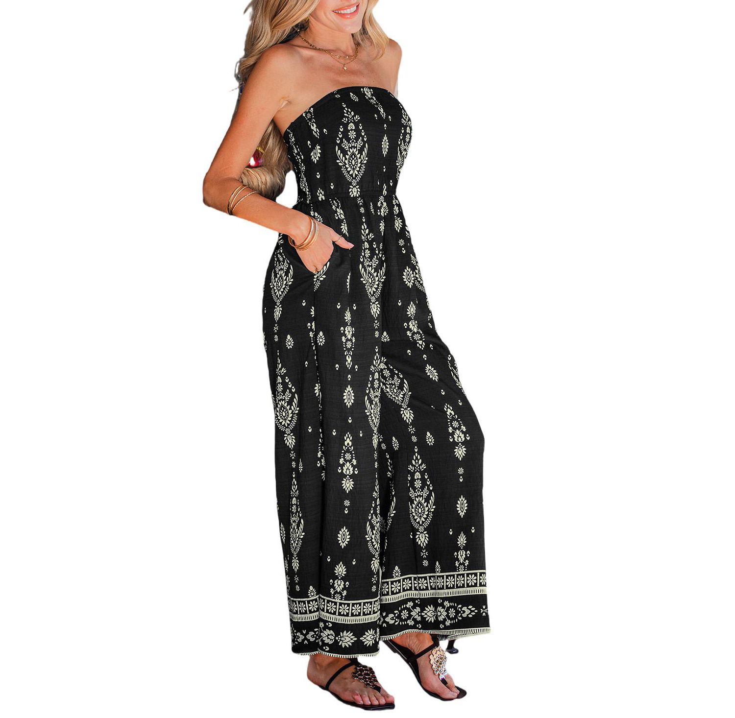 Women's Bohemian Floral Strapless Wide Leg Jumpsuit