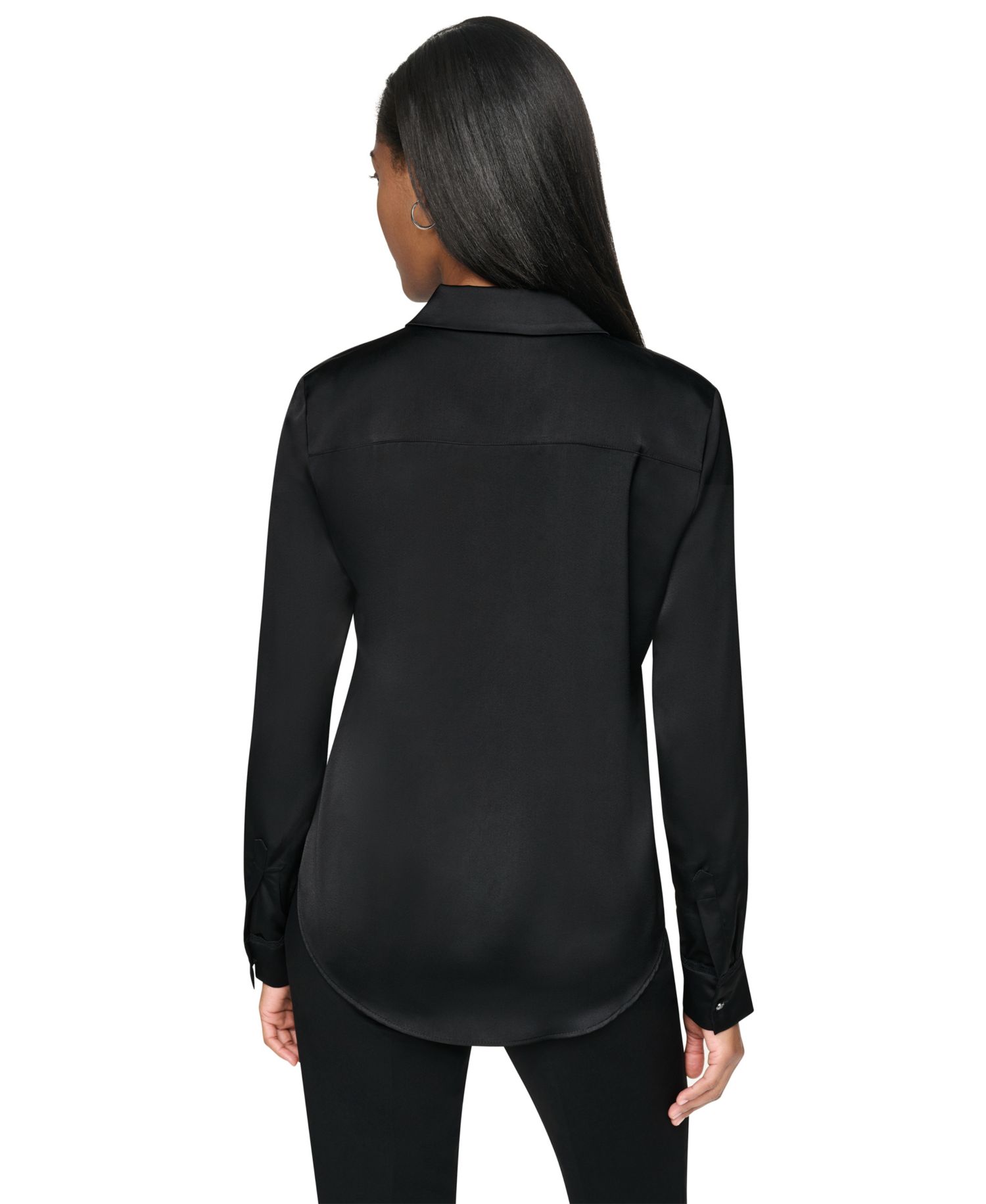 Petite Satin Front-Button Long-Sleeve Top