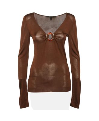 Women's Sheer Knit V-Neck Top with Buckle Detail