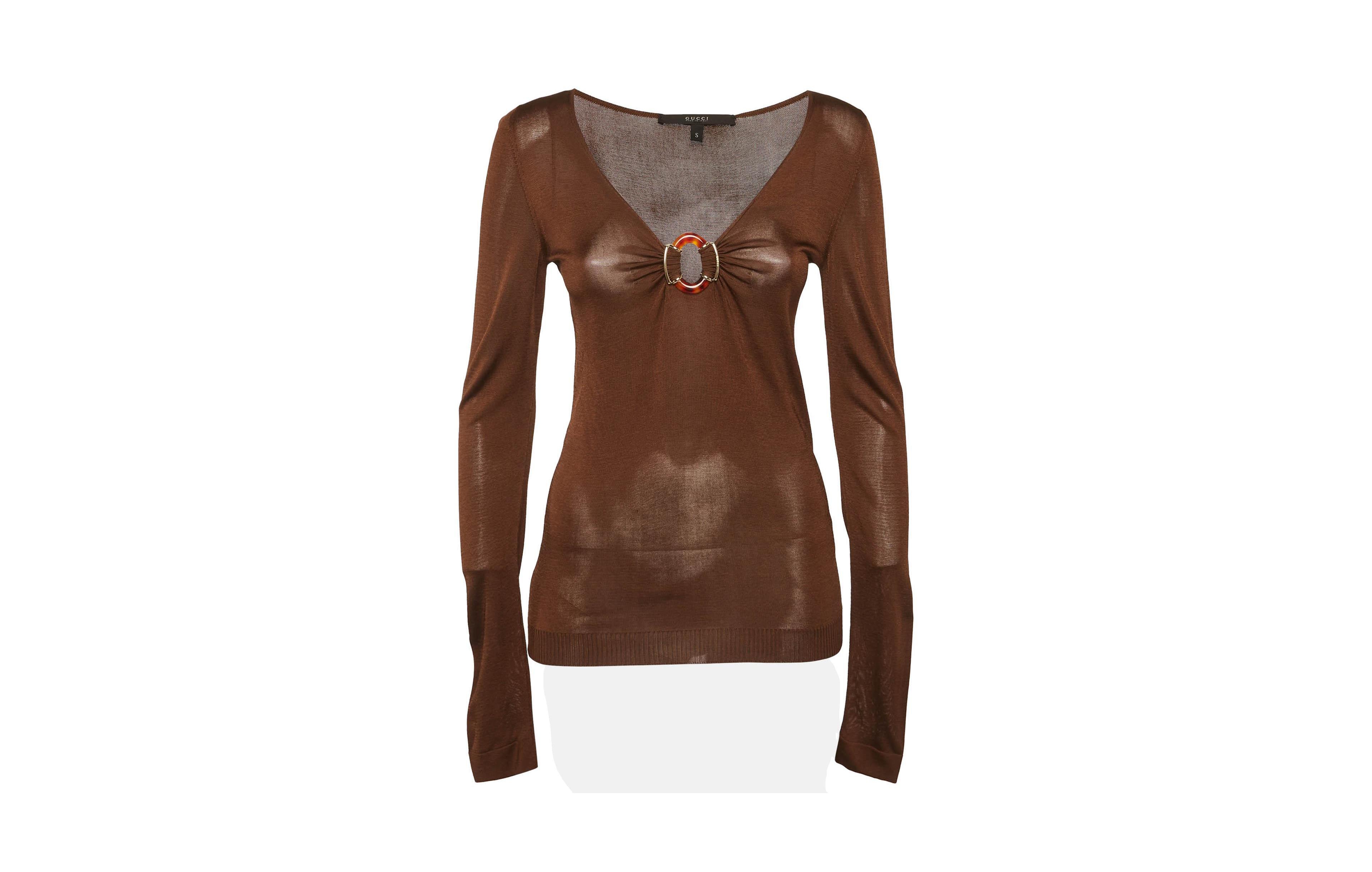 Pre-Owned Gucci Women's Sheer Knit V-Neck Top with Buckle Detail