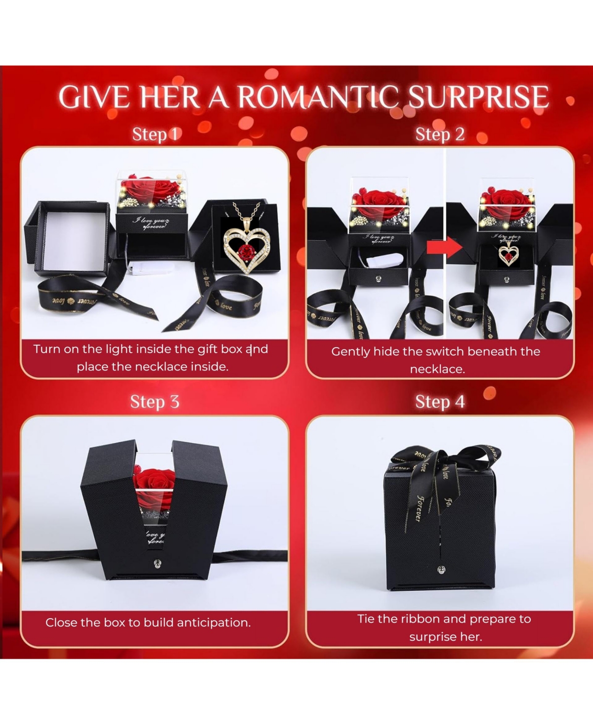 Lovery 5-Piece Preserved Rose with Led Lights, Double Heart Necklace and Acrylic Box Gift Set