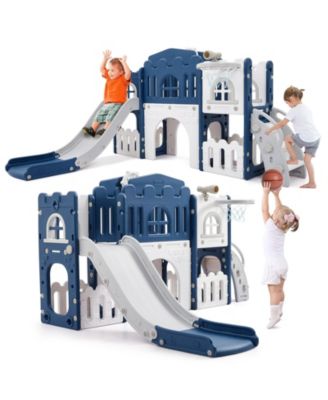 8-in-1 Toddler Playground with Slide, Indoor Outdoor Kids Playset with Climber, Crawl Tunnel, Basketball Hoop and Storage for Ages 1-3