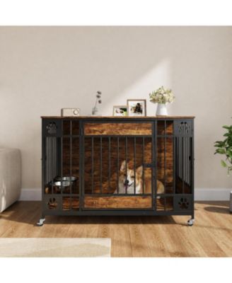 41 Dog Crate Furniture with Triple Doors and Feeder – Indoor Pet Kennel with 2 Bowls, Lockable Wheels, Bolt-Latch Doors