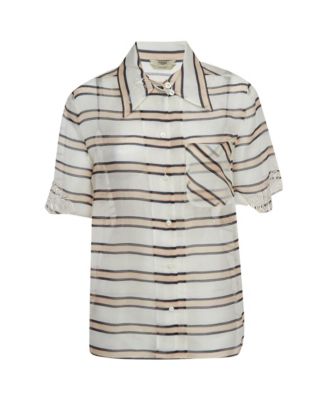 Women's Fendi Striped Silk Embroidered Short Sleeve Shirt