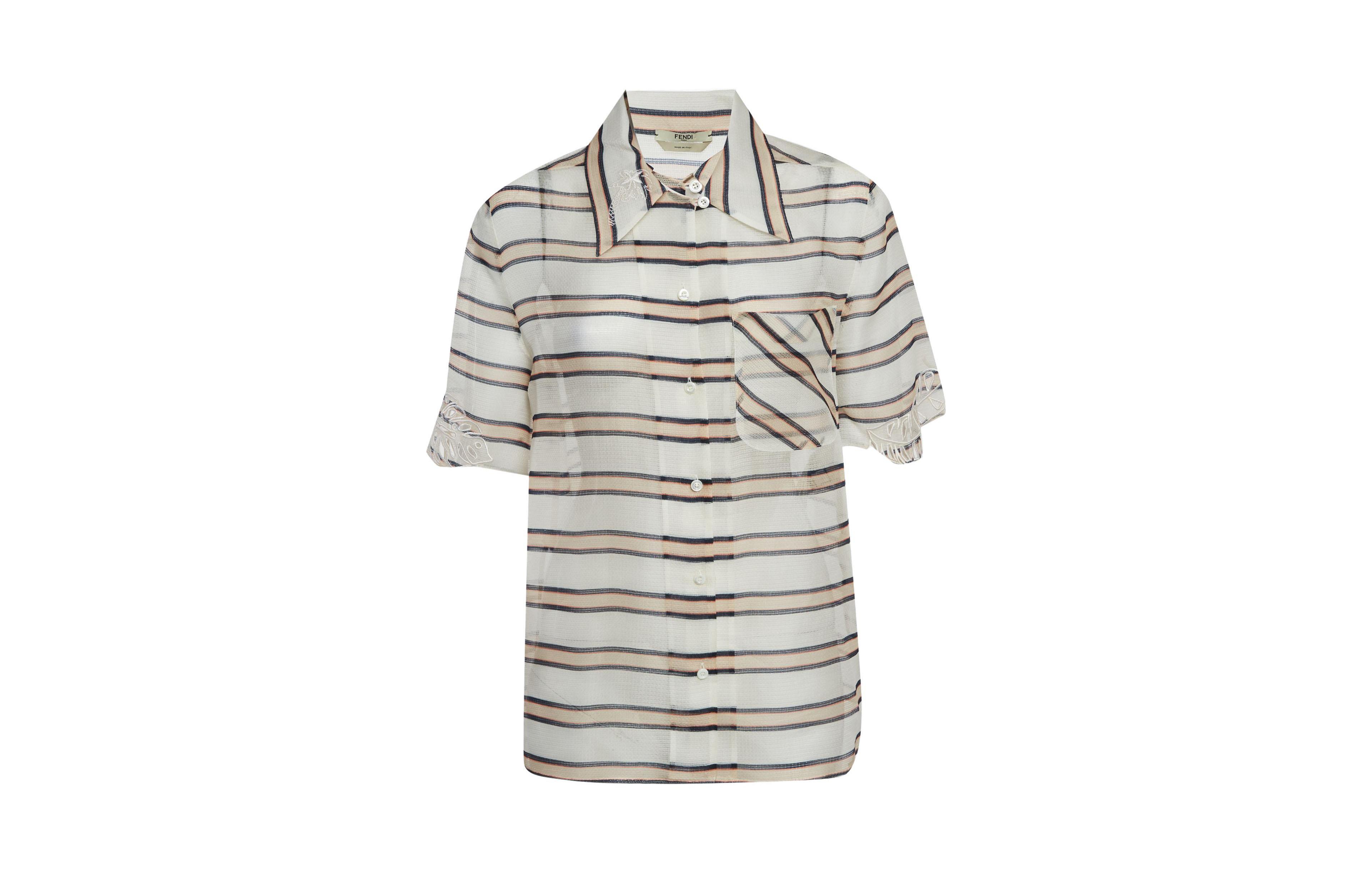 Pre-Owned Fendi Women's Fendi Striped Silk Embroidered Short Sleeve Shirt