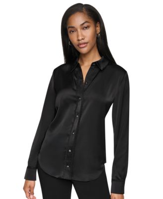 Petite Satin Front-Button Long-Sleeve Top