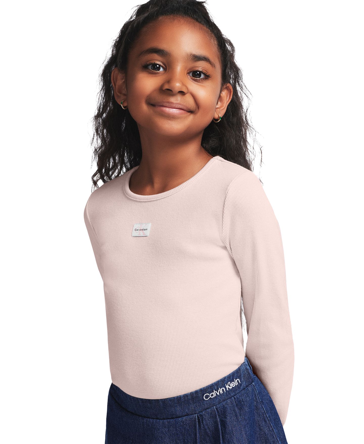 Детский комплект Calvin Klein: лонгслив и джинсовая юбка-шорты, 2T-6X, цвет: Розовый / Синий — фото 4