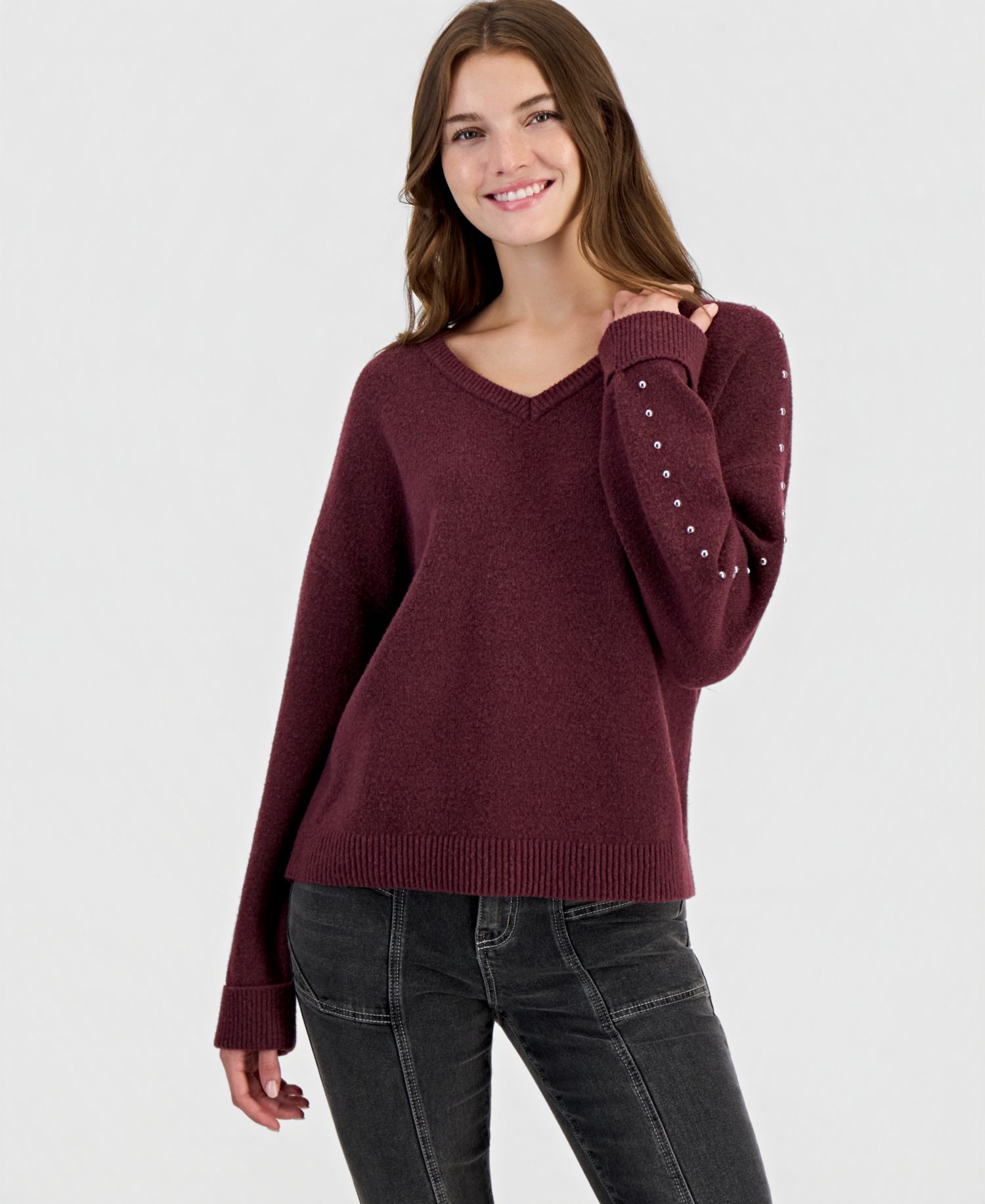 Juniors' Studded V-Neck Slouchy Sweater