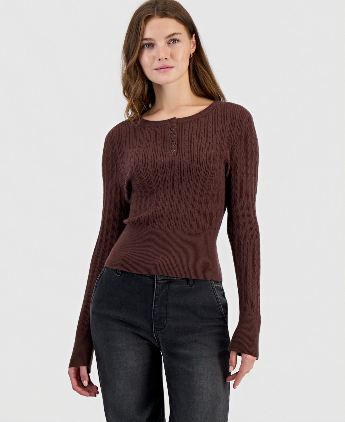 Hooked Up by Iot Juniors' Cable-Knit Henley Long-Sleeve Sweater