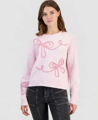Juniors' Feather Soutache Bow Long-Sleeve Crewneck Sweater