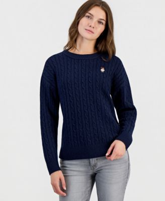 Juniors' Novelty Cable Bear Cable-Knit Long-Sleeve Sweater