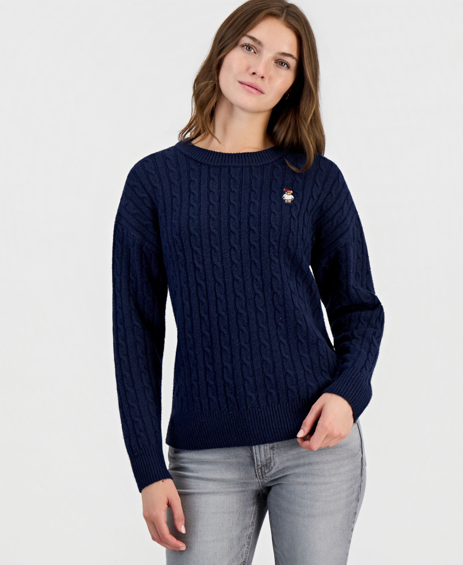 Juniors' Novelty Bear Cable-Knit Long-Sleeve Sweater