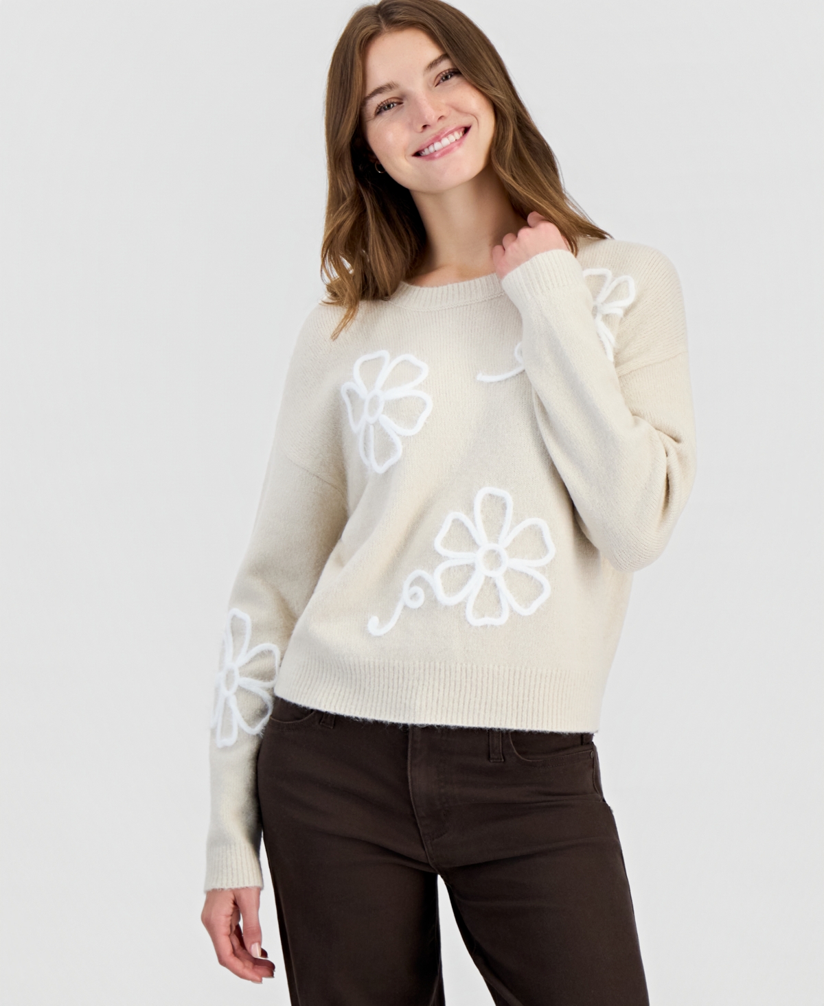 Hooked Up by Iot Women's Eyelash Soutache Crewneck Sweater