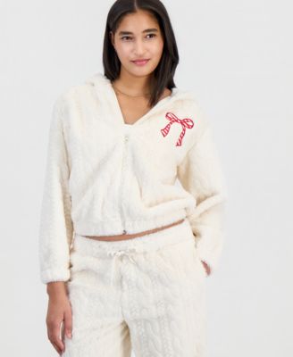 Juniors' Cable-Knit Faux Fur Zip-Up Jacket