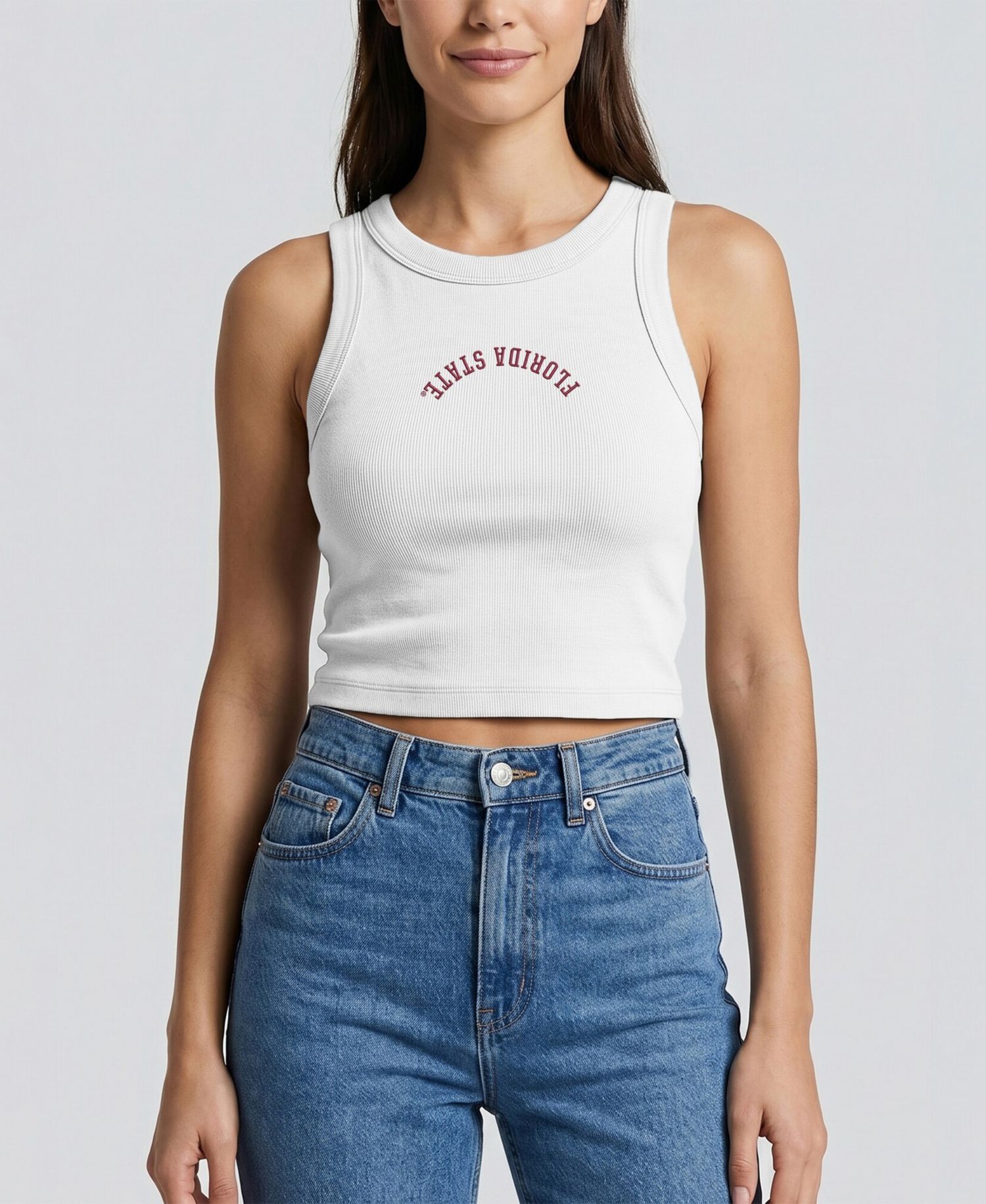Women's White Florida State Seminoles Upside Down Embroidery Ribbed Cropped Tank Top
