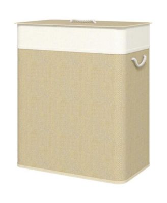 Divided Bamboo Laundry Hamper with Lid - 2-Section Foldable Clothes Basket