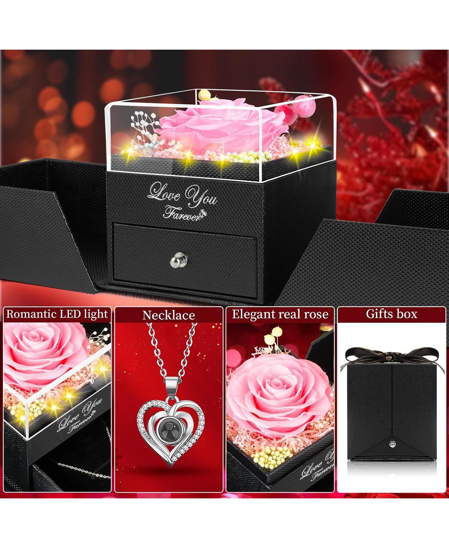 Preserved Pink Rose Gift Box with LED Lights & Double Heart Projection Necklace, I Love You in 100 Languages, Forever Rose Gift