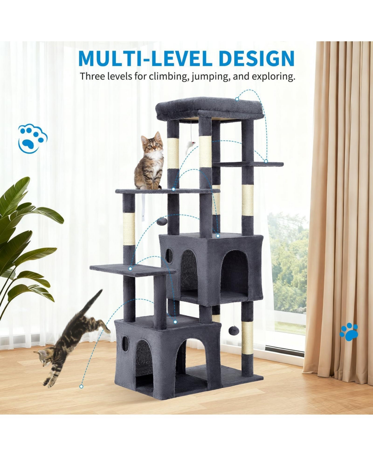 homfan 61'' Cat Tree for Large Cats, Heavy-Duty Tower with Perch and 2 Condos, Multi-Level Furniture for Maine Coon, Sisal Scratching Posts & Toys
