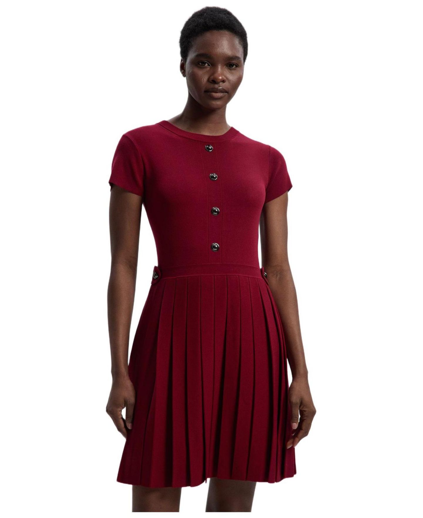 Женское платье Karen Millen Viscose Tab Pleated Knit Mini, цвет: Бордовый — фото 1