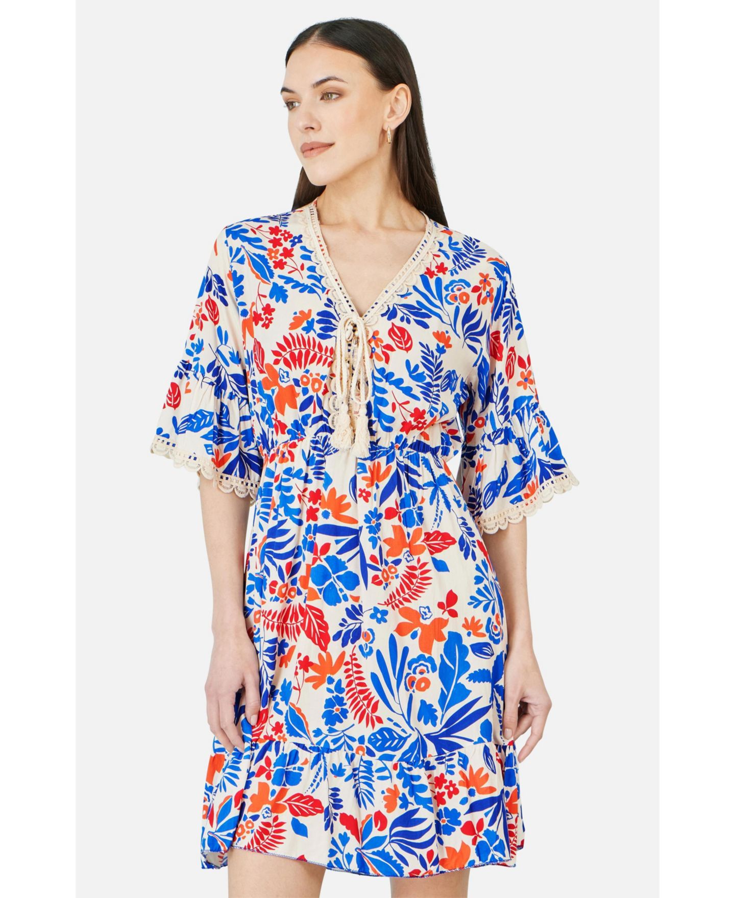 Женское платье Yumi Leaf Print Kimono Sleeve Tunic, цвет: Разноцветный — фото 5