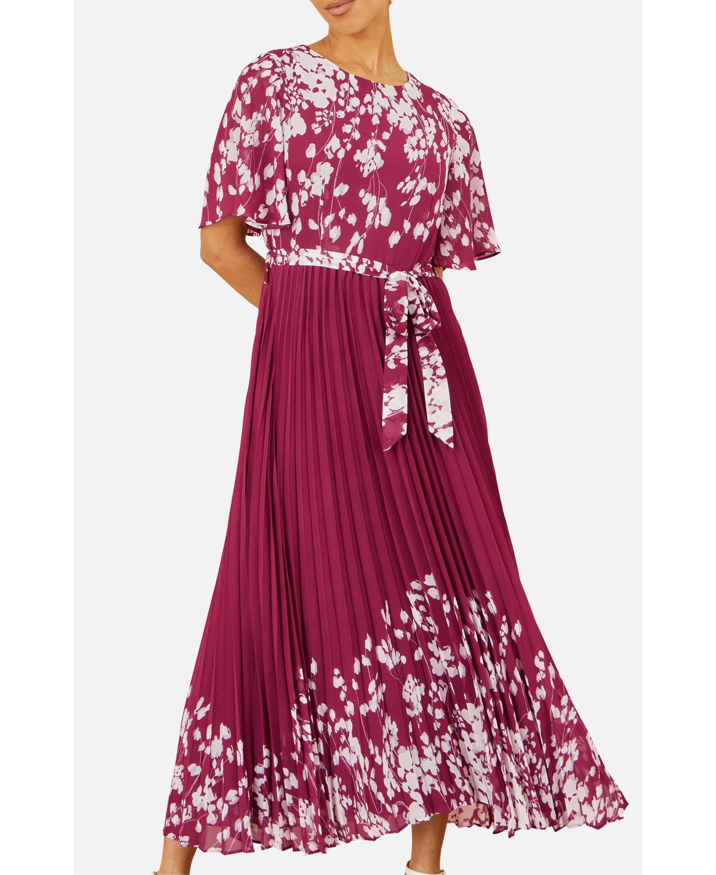 Женское платье Yumi Short Sleeve Pleated Midi, цвет: Бордовый — фото 8