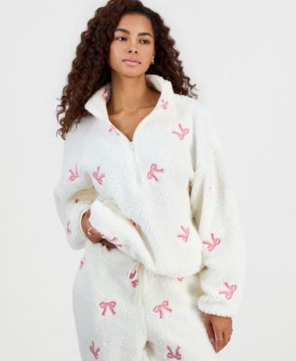 Juniors' Embroidered Sherpa Quarter-Zip Fleece Jacket