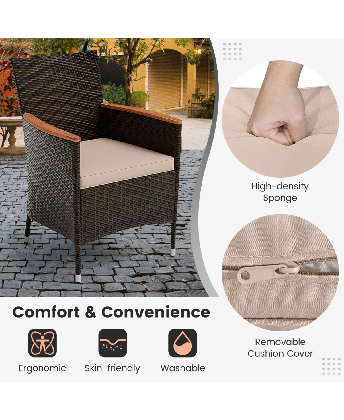 Gymax 9 Piece Wicker Dining Set Acacia Wood Table Top Umbrella Hole Cushions Chairs Patio