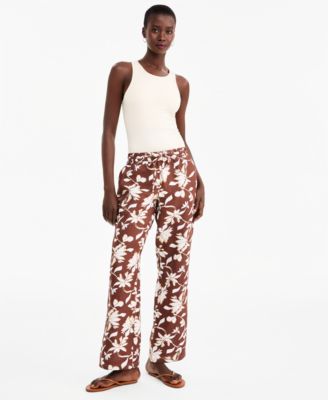 Petite Floral-Print Wide-Leg Drawstring Linen Pants