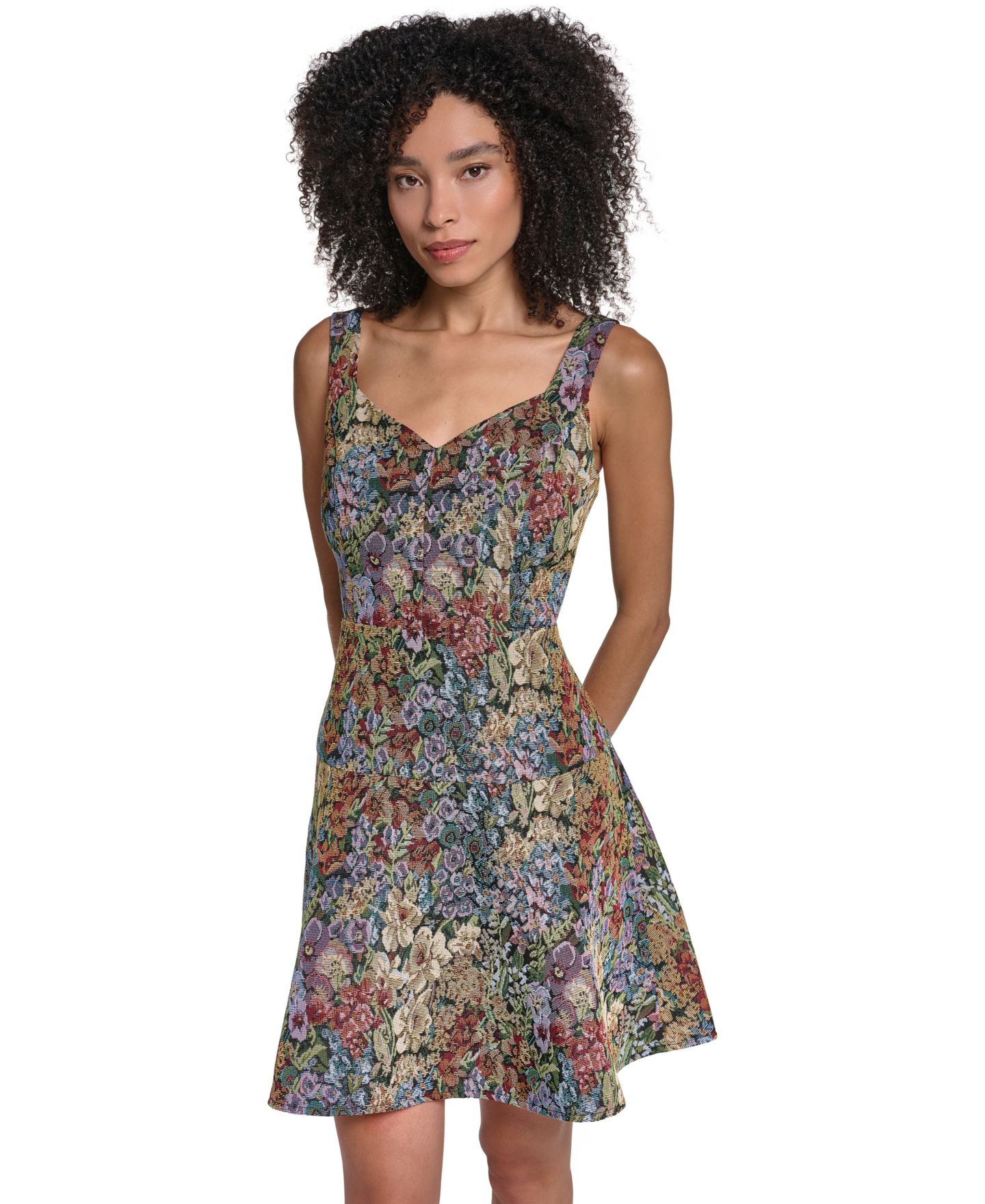 Женское платье KARL LAGERFELD PARIS Floral Tapestry Jacquard Fit & Flare, цвет: Синий разноцветный — фото 3