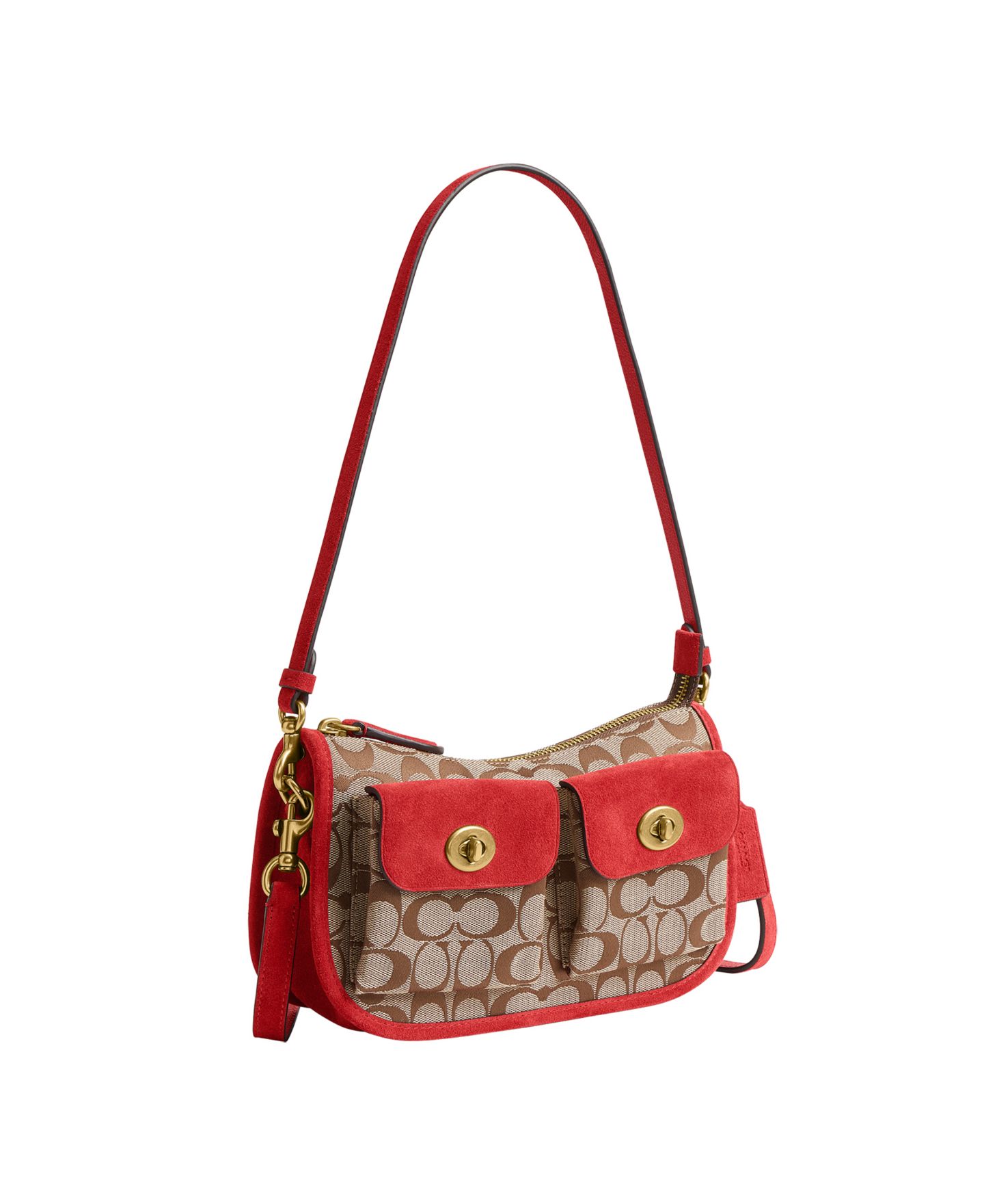 Женская сумка COACH Originals Waverly Small Signature Jacquard Twin Turn-Lock Shoulder, цвет: Латунный / Маковый — фото 3