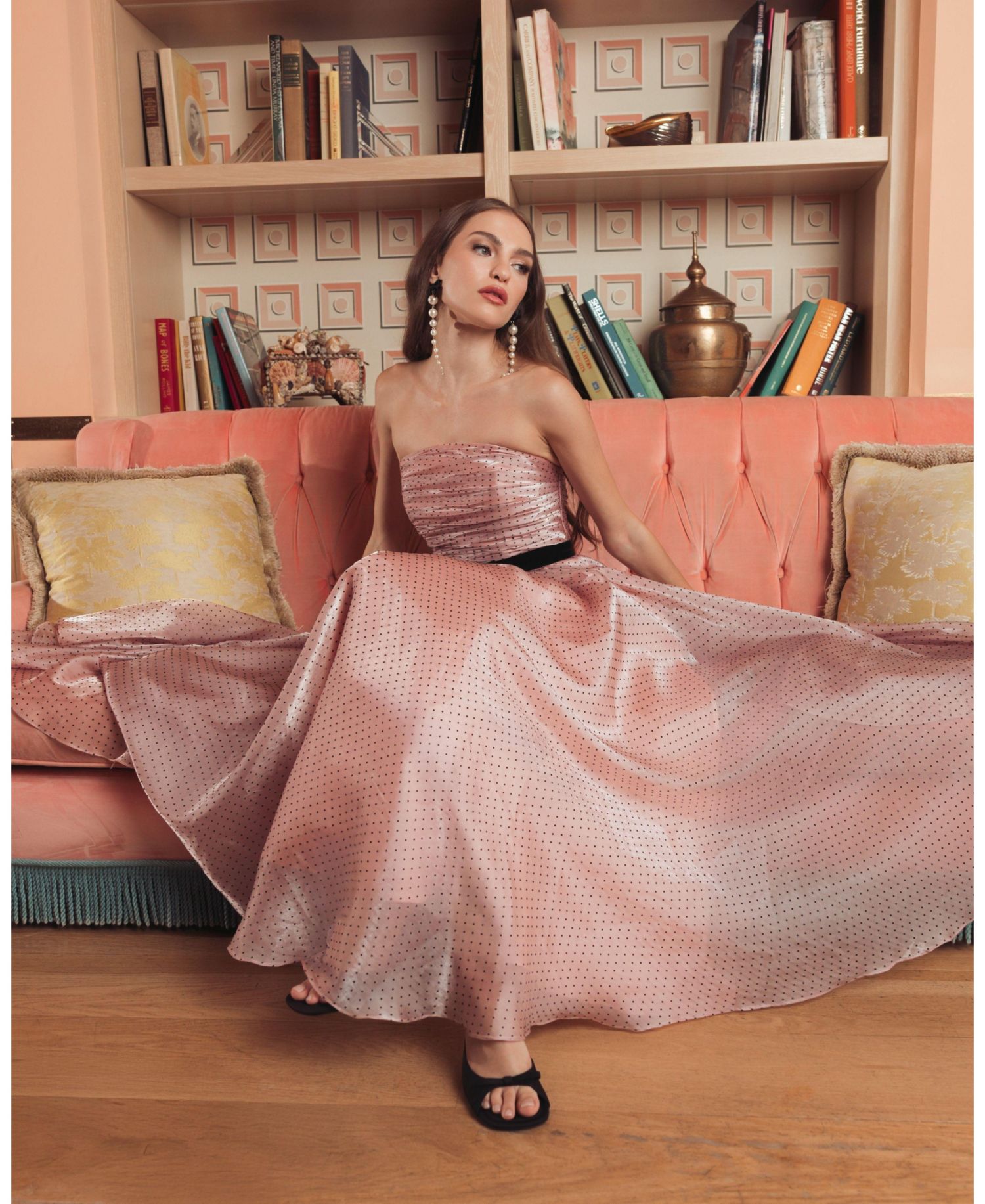 Women's Polka Dot Organza Strapless Dress With Bow