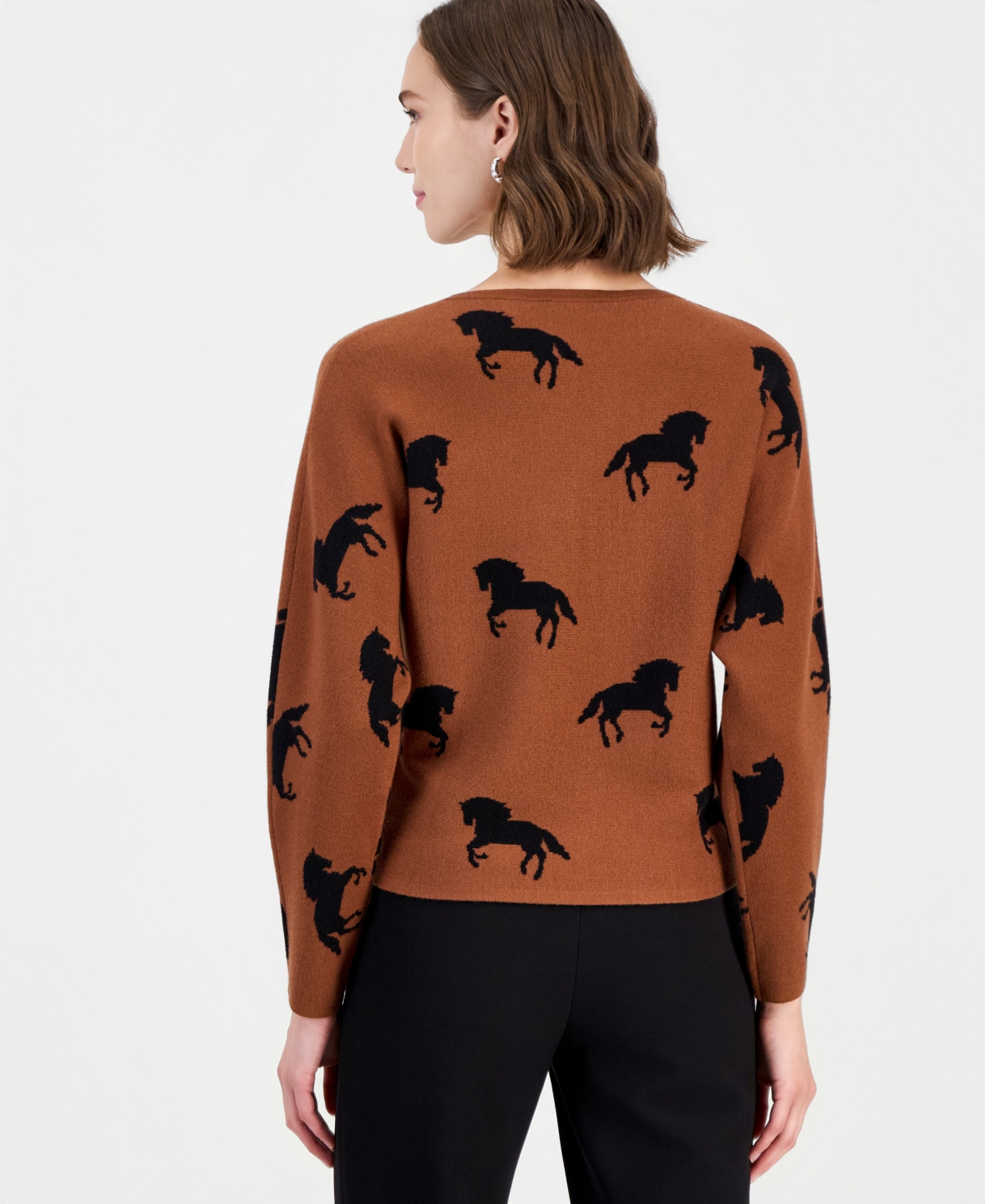 T Tahari Women's Dolman Sleeve Crewneck Horse Jacquard Pullover Sweater