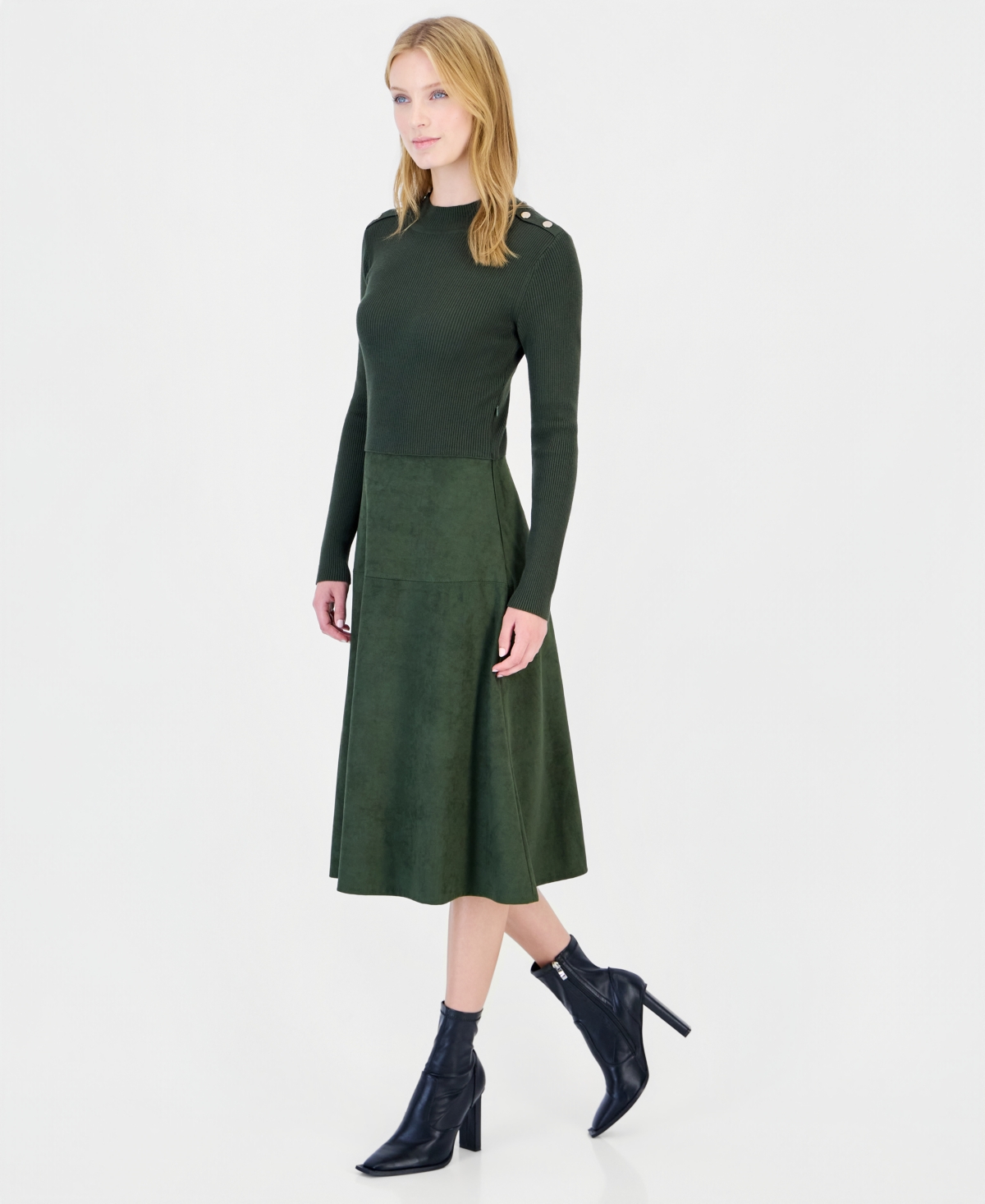 T Tahari Women's Mock Neck Long-Sleeve Faux Suede Skirt Dress