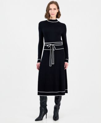 Women's Long Sleeve Mock Neck Belted Dress