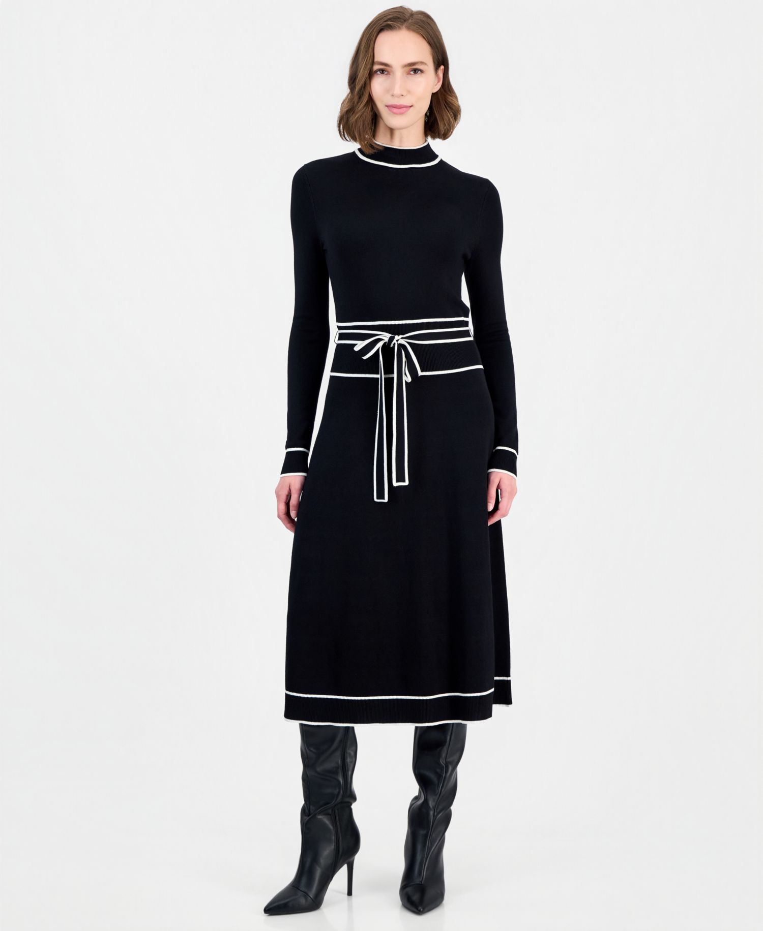 Women's Long Sleeve Mock Neck Belted Dress