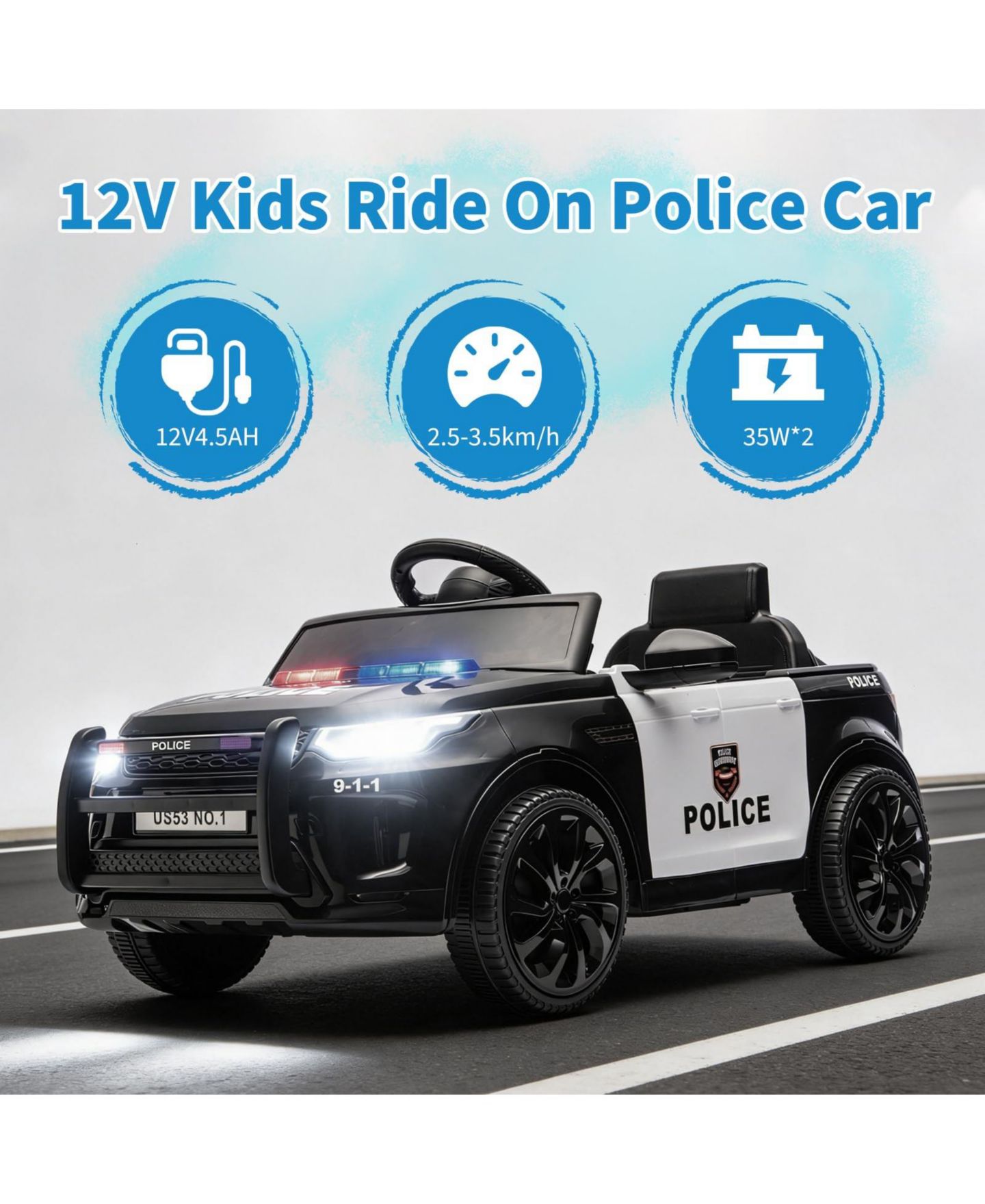 Детская игрушка homfan 38.6" x 19.9" x 11.4" Police Car Electric Ride-On with Remote Control, Ages 3-6, цвет: Чёрный — фото 5